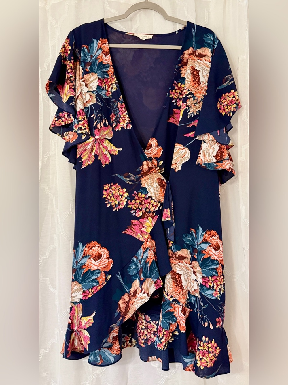 Umgee 2XL Navy Floral Boho Ruffle Sleeve Midi Wrap Dress